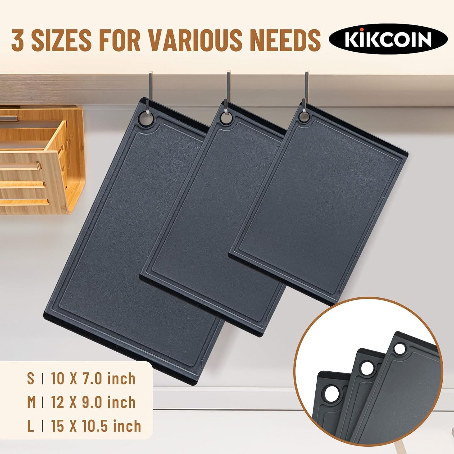 Kikcoin Plastic Cutting Boards for Kitchen, 3-Piece Large Cutting Board Set Dishwasher Safe Chopping Boards with Non-slip Feet and Juice Grooves, Gray