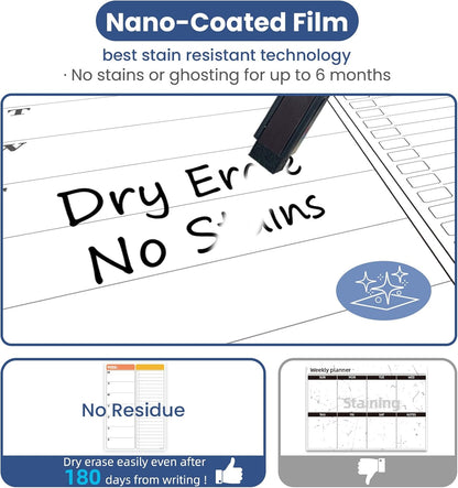 Non-Magnetic Dry Erase List for Fridge - Reusable 8"x11.5" List and Weekly Planning Board Stick to Most Smooth Surfaces - 3 Dry Erase Markers Included