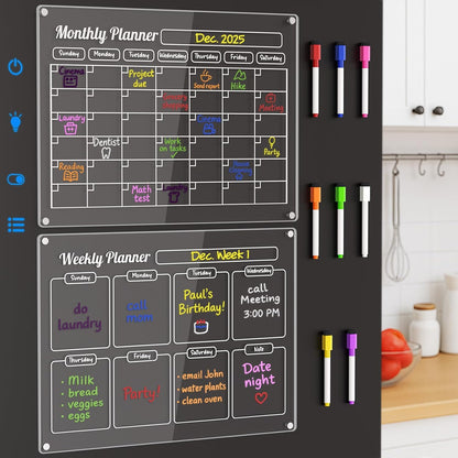 Grtard 3 Pack Acrylic Calendar for Fridge, Magnetic Calendar for Refrigerator, 16"x12" Dry Erase Whiteboard Fridge Calendar,2026 Clear Monthly Weekly Daily Memo Planning Board with 8 Markers