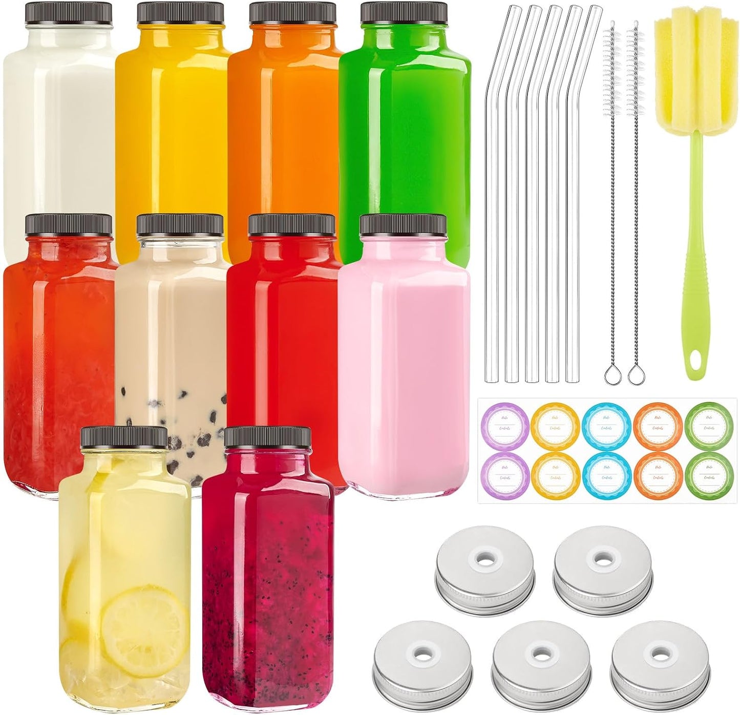 TUZAZO 10 Pack 12 Oz Glass Juice Bottles with Lids, Reusable Travel Drinking Jars Juice Containers, Glass Bottles for Juicing with Brush, Straws, Lids with Hole