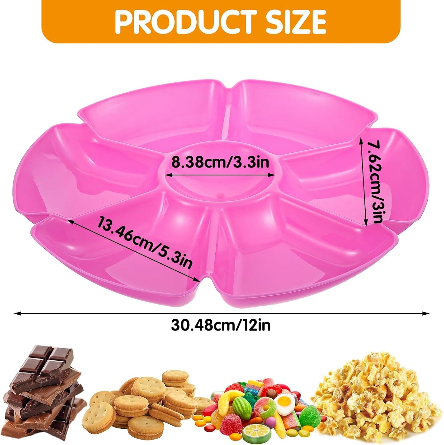 Lemecima 12 Pcs Plastic Snack Serving Tray, 12 Inch Unbreakable Chip and Dip Divided Serving Plates, Round 7 Compartments Multifunctional Food Platter for Snack, Nuts, Candy, Dried Fruit, Veggies