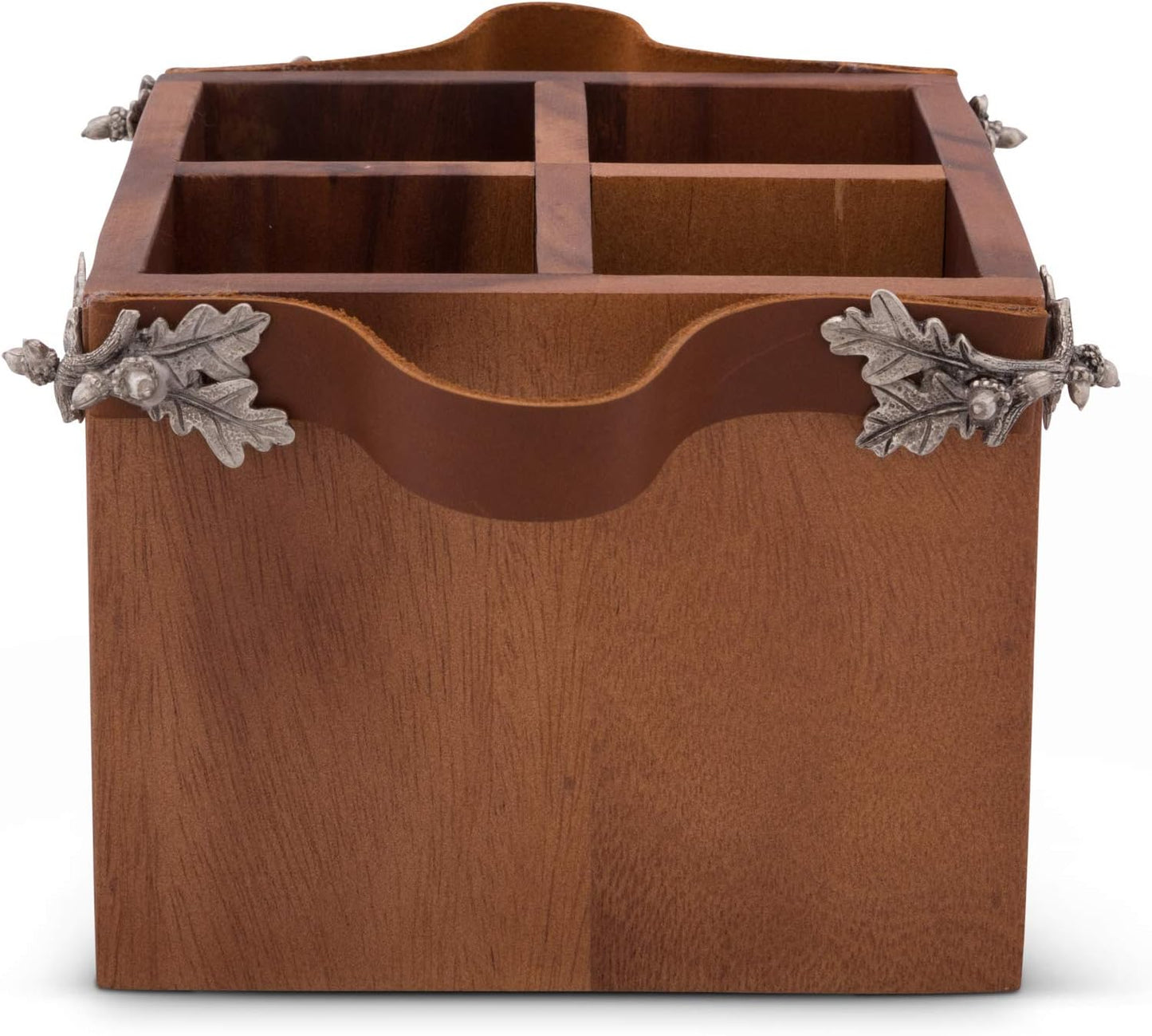 Vagabond House Caddy Rectangle Acacia Wood Flatware/Serve ware/Utensil/Carry-All Holder Solid Pewter Song Bird Accent and Real Leather Handles, 3 Small and 1 Larger Compartment 13.5 inch Long