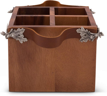 Vagabond House Caddy Rectangle Acacia Wood Flatware/Serve ware/Utensil/Carry-All Holder Solid Pewter Song Bird Accent and Real Leather Handles, 3 Small and 1 Larger Compartment 13.5 inch Long