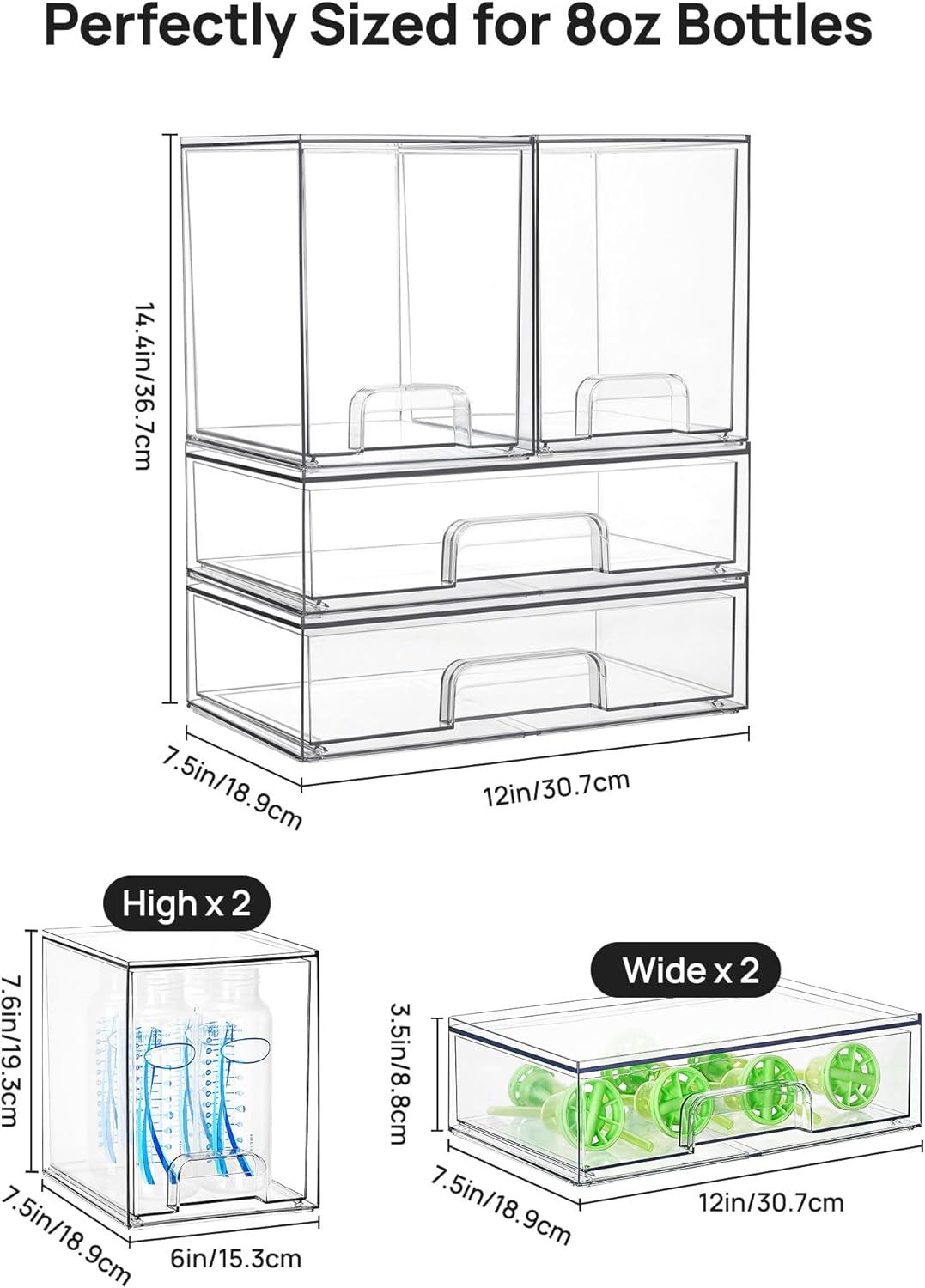 Vtopmart Stackable Storage Drawers Set of 5, Clear Plastic Organizer Bins for Baby Bottle, Beauty Supplies Storage, Ideal for Kichen Countertop, Vanity, Bathroom, Cabinet, Pantry Organization