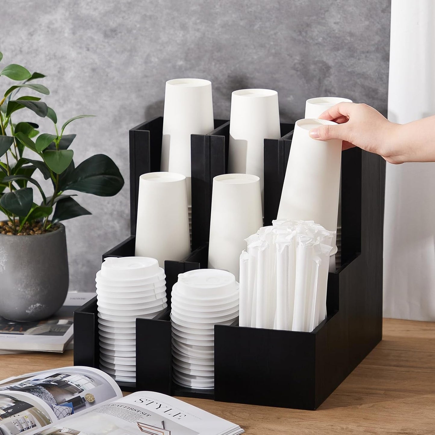 CroBlissful Wooden Vertical Coffee cup and lid dispenser, coffee condiment organizer, 9 Compartment for Disposable Paper & Plastic Cup, for cabinet Station Home Countertop Bar 13''l x 13''w x 12''h