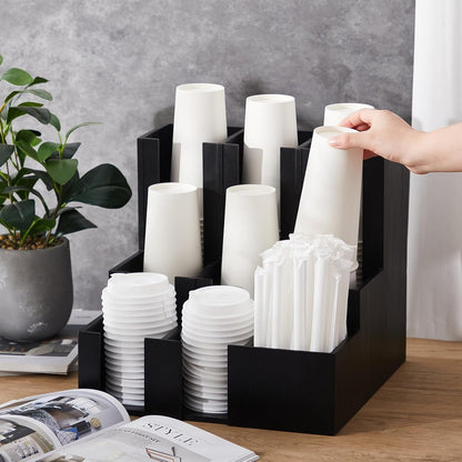 CroBlissful Wooden Vertical Coffee cup and lid dispenser, coffee condiment organizer, 9 Compartment for Disposable Paper & Plastic Cup, for cabinet Station Home Countertop Bar 13''l x 13''w x 12''h