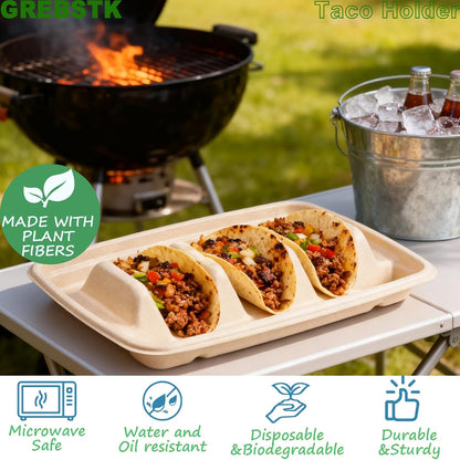 GREBSTK 30 Pack Disposable Taco Holders, Compostable Bagasse Pulp Taco Plates with 3 Dividers for Taco Tuesday Party, Lazy Susan Bar Serving Set for Tacos, Hot Dogs, Sandwiches