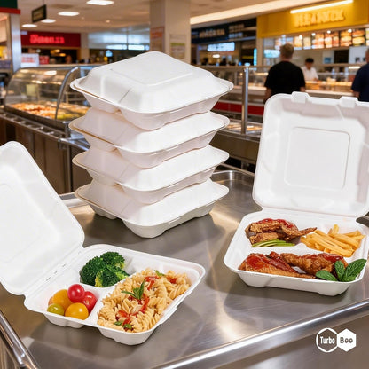 Turbo Bee 100 Pack 8x8inch White 3 Compartment Take Out Containers with Lids, Disposable Clamshell Meal Prep Containers, Divided Lunch Boxes for Catering, Restaurant & Meal Prep