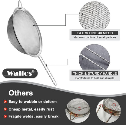 Walfos 6.3 Inch Fine Mesh Strainer, Premium Stainless Steel Sieve and Sifter with Handle, Kitchen Metal Strainers for Rice, Quinoa, Fruits, Noodles, Flour