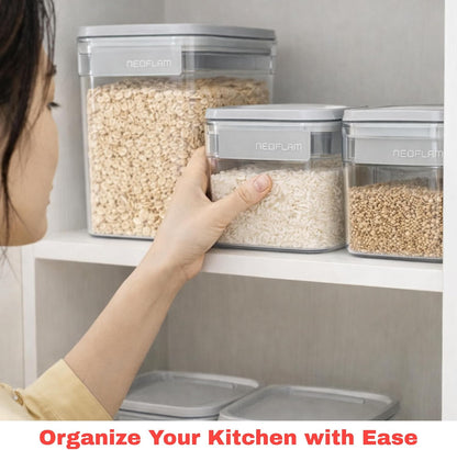 Neoflam 3 Set Airtight Kitchen Pantry Dry Food Container with Handle, Dog, Cat, Pet Feed Dispenser with Measuring Cup, Refrigerator Cabinet Organization for Cereal, Rice, Grain, Pasta (61oz, 1800ml)