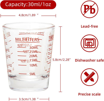 GLASKEY Shot Glasses Measuring Cup Set - 2 Pack Espresso Shot Glasses with Precise Measurement Marks,Heavy Duty Glass,Dishwasher Safe,Perfect for Coffee,Cocktails and Kitchen Use (Black & Red)