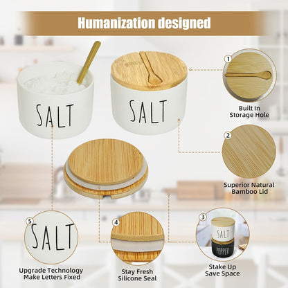 Farmhouse Salt And Pepper Containers,Salt Containers For Countertop,Stacked Ceramic Cellar With Bamboo Lid, Spice Box With Spoon,Seasoning Holder with lid,Ceramic Bowls (B&W H)