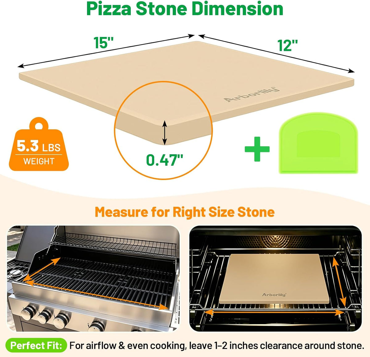 Cordierite Pizza Stone for Oven & Grill, 15 x 12 Inch Rectangular