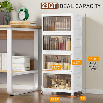 4 Tier Storage Bins with Lids, 23QT Stackable Closet Organizers and Storage with Wheels, Collapsible Storage Boxes, Foldable Plastic Storage Containers for Home,Office, Dorm Room-White
