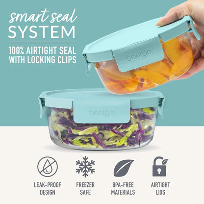 Bentgo Glass Leak-Proof Food Storage Set - 4-Piece Glass Containers with BPA-Free Airtight Lids, Reusable & Durable for Leftovers & Meal Prep - Microwave, Freezer, Oven & Dishwasher Safe (Soft Aqua)