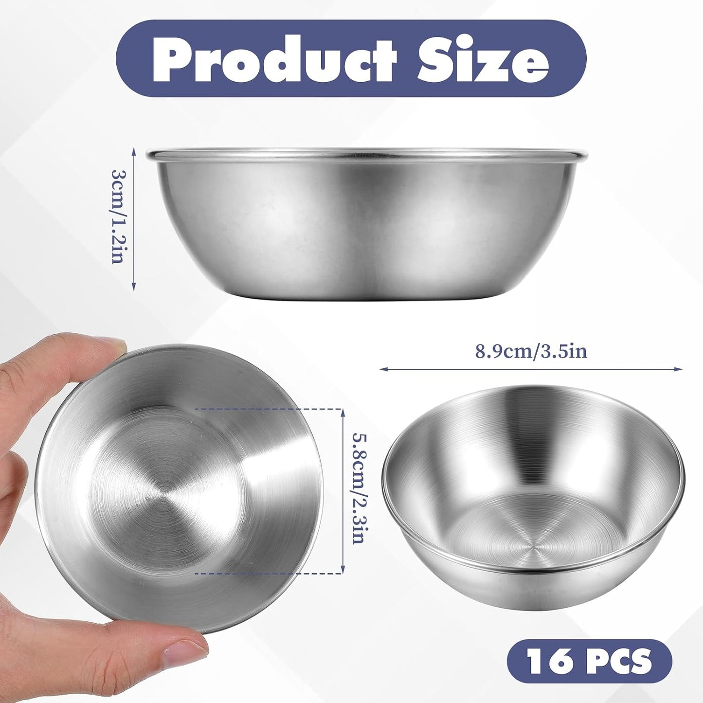 16 Pack Small Stainless Steel Bowl Sauce Dishes 3.5 inch Round Seasoning Dishes Small Sushi Dipping Bowls for Prep Appetizer Plates Set for Kitchen, Reusable and Dishwasher Safe