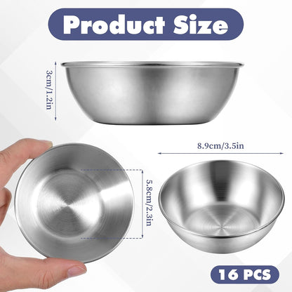 16 Pack Small Stainless Steel Bowl Sauce Dishes 3.5 inch Round Seasoning Dishes Small Sushi Dipping Bowls for Prep Appetizer Plates Set for Kitchen, Reusable and Dishwasher Safe