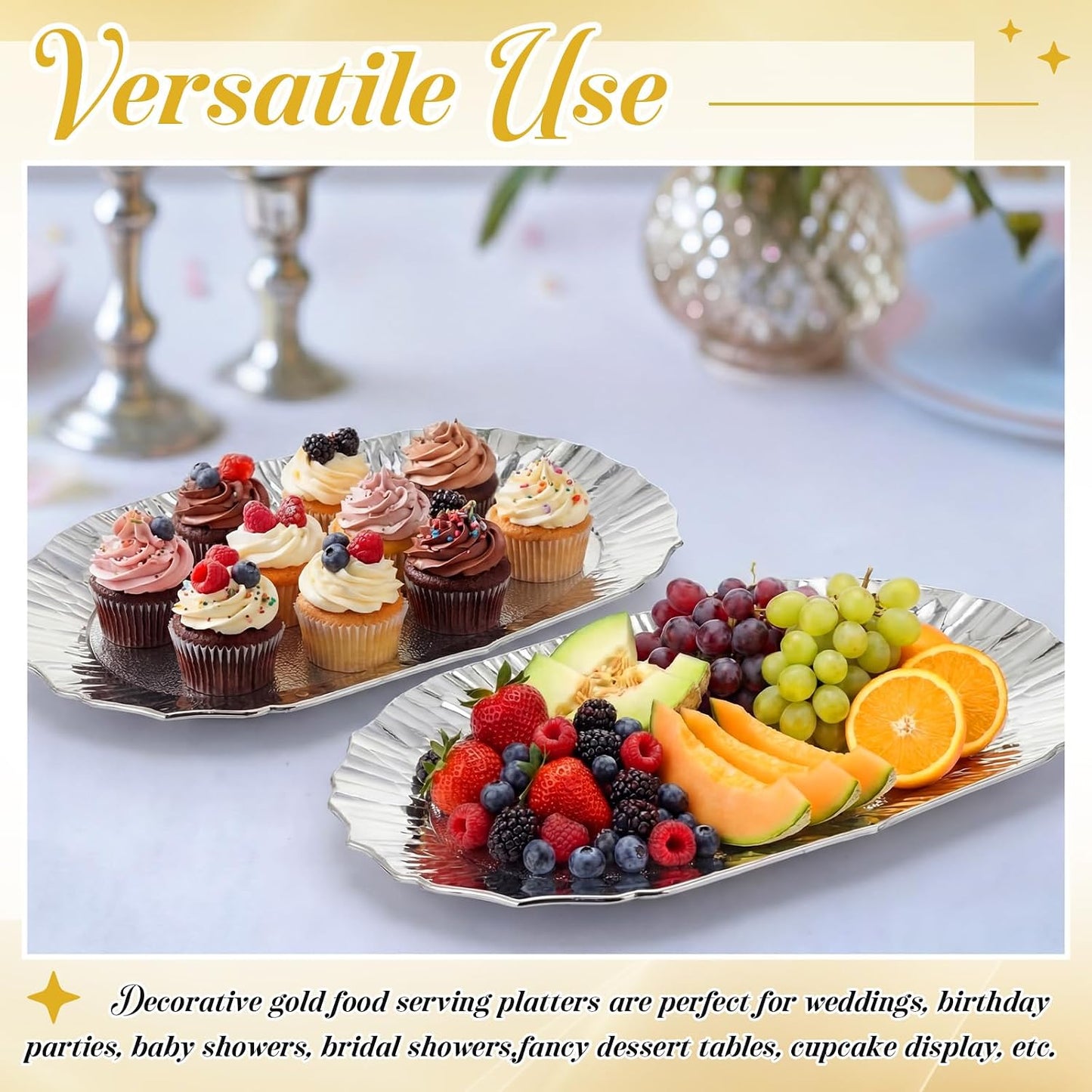 12 Pcs Gold Plastic Serving Tray Bulk, 14.5" x 8.6" Rectangle Gold Party Platters Reusable Decorative Dessert Table Serving Tray for Graduation Wedding Birthday Party Cupcake Decoration