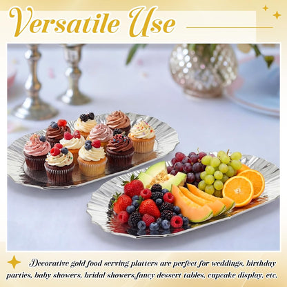 12 Pcs Gold Plastic Serving Tray Bulk, 14.5" x 8.6" Rectangle Gold Party Platters Reusable Decorative Dessert Table Serving Tray for Graduation Wedding Birthday Party Cupcake Decoration