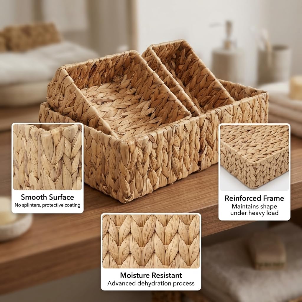 Natural Water Hyacinth Wicker Baskets Set of 3, Handwoven Nesting Organizer | for Pantry Shelves Bathroom and Bedroom Organization to Hold Towels or Books