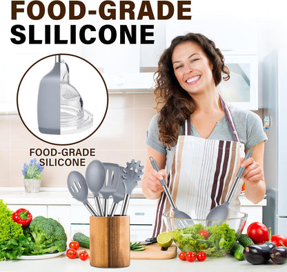 5Pcs Silicone Cooking Utensils Set, Heat Resistant Kitchen Tools Include Solid&Slotted Spatula, Cooking Spoon and Pasta Server, Silicone Kitchen Utensils set for Nonstick Cookware Flipping, Black