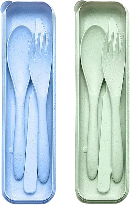 Reusable Travel Utensils Set with Case, 2 Sets Wheat Straw Portable Knife Fork Spoons Camping Cutlery for Lunch Box, Eco-Friendly BPA Free Plastic Tableware for Kids Adults Work Picnic (Purple+Pink)