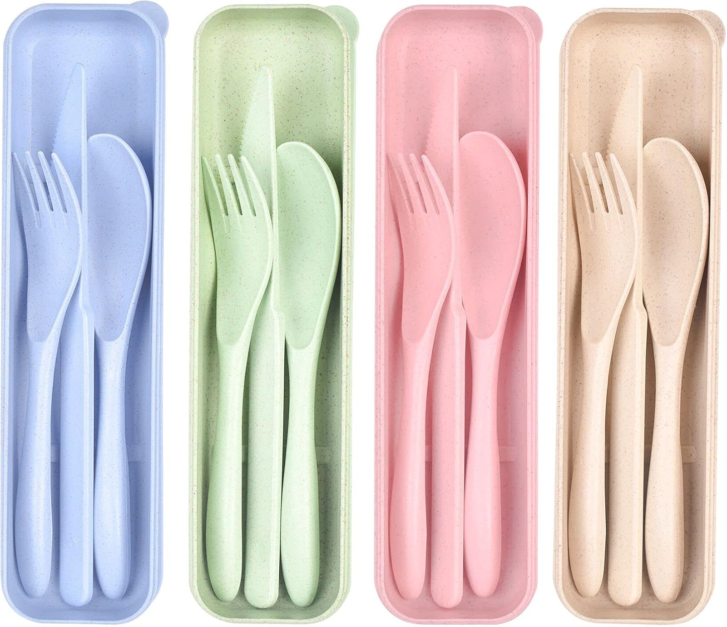 Lnrkai Travel Utensils Set with Case, 4 Sets Wheat Straw Reusable Spoon Knife Forks Tableware, Portable Cutlery Set for Lunch Box Accessories for Adults Travel Picnic Camping or Daily Use