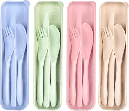 Lnrkai Travel Utensils Set with Case, 4 Sets Wheat Straw Reusable Spoon Knife Forks Tableware, Portable Cutlery Set for Lunch Box Accessories for Adults Travel Picnic Camping or Daily Use