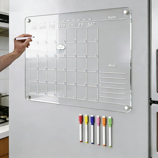 Magnetic Fridge Calendar, 16.5"x11.7" Large Acrylic Dry Erase Board with Markers, for Family Meal Planning & Kitchen Organization