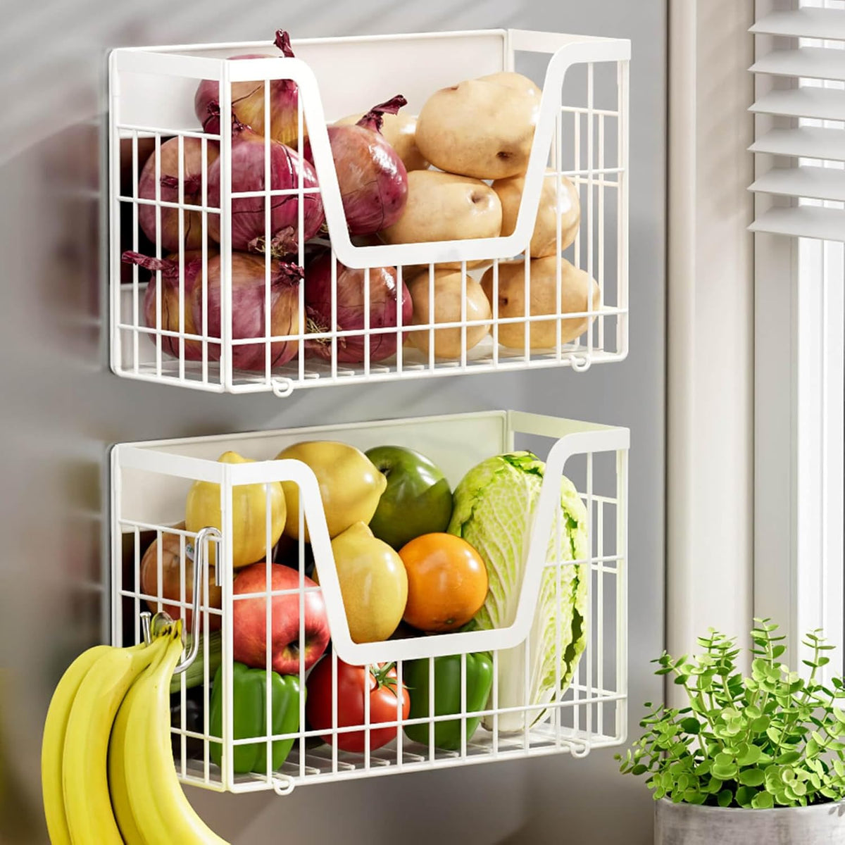2 Set Magnetic Shelf for Fridge, Potato & Onion Storage Bins, Magnetic Fruit Basket for Refrigerator Pantry Kitchen Counter Laundry Organizer, Fridge Magnetic Spice Rack Magnet Fridge Storage