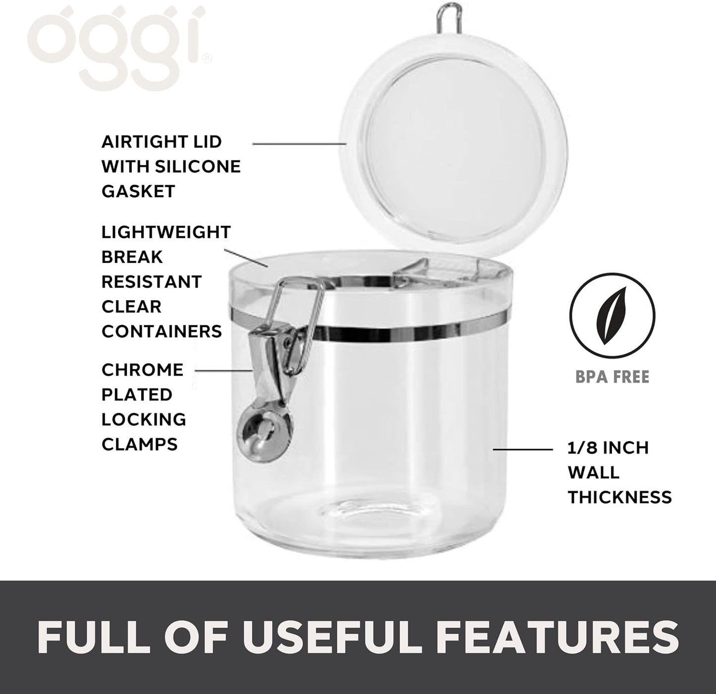 Oggi Clear Canister with Clamp Lid, 28 oz - Large Airtight Food Storage Container, for Kitchen & Pantry Storage of Bulk, Dry Foods Including Pasta, Flour, Sugar, Coffee, Rice, Tea, Spices & Herbs