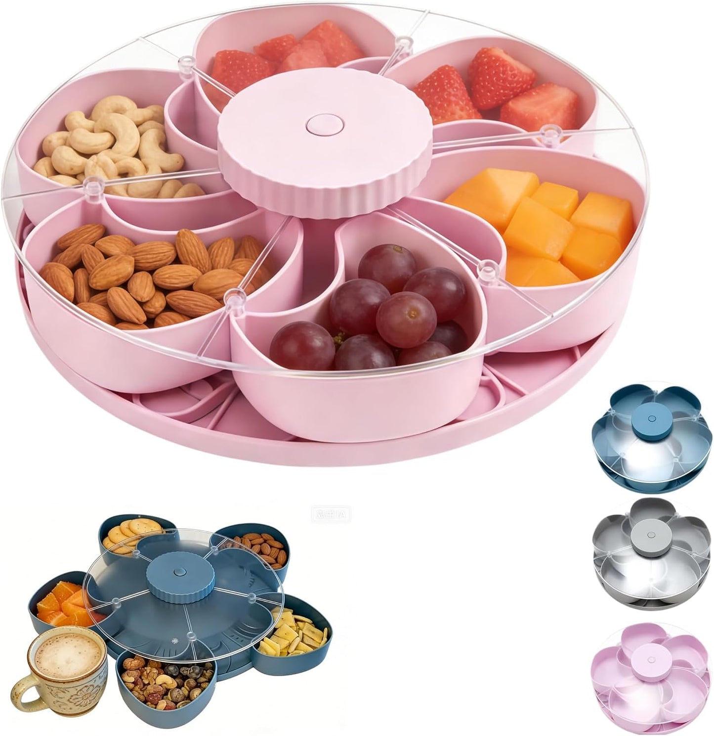 Divided Serving Tray that Spins with Lid, 5-Compartment Rotating Snack Container & Snackle Box, Lazy Susan Veggie Fruit Tray Organizer for Party Appetizers, Travel, Picnic (1PCS Gray)