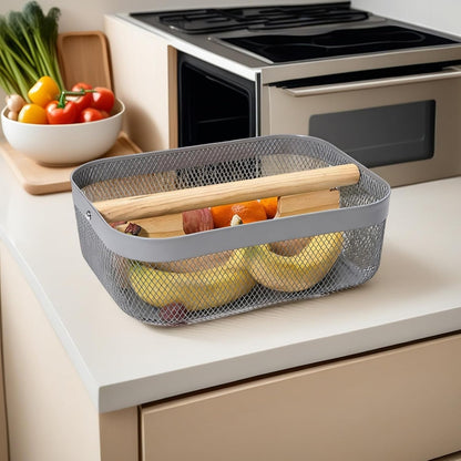 AJIODA Metal Mesh Steel Storage Basket, Garden Harvest Wire Organizer Basket Multi-functional Kitchen Fruit Basket with Wooden Removable Partition & Handle for Bathroom Picnic Decor Cabinet, Grey