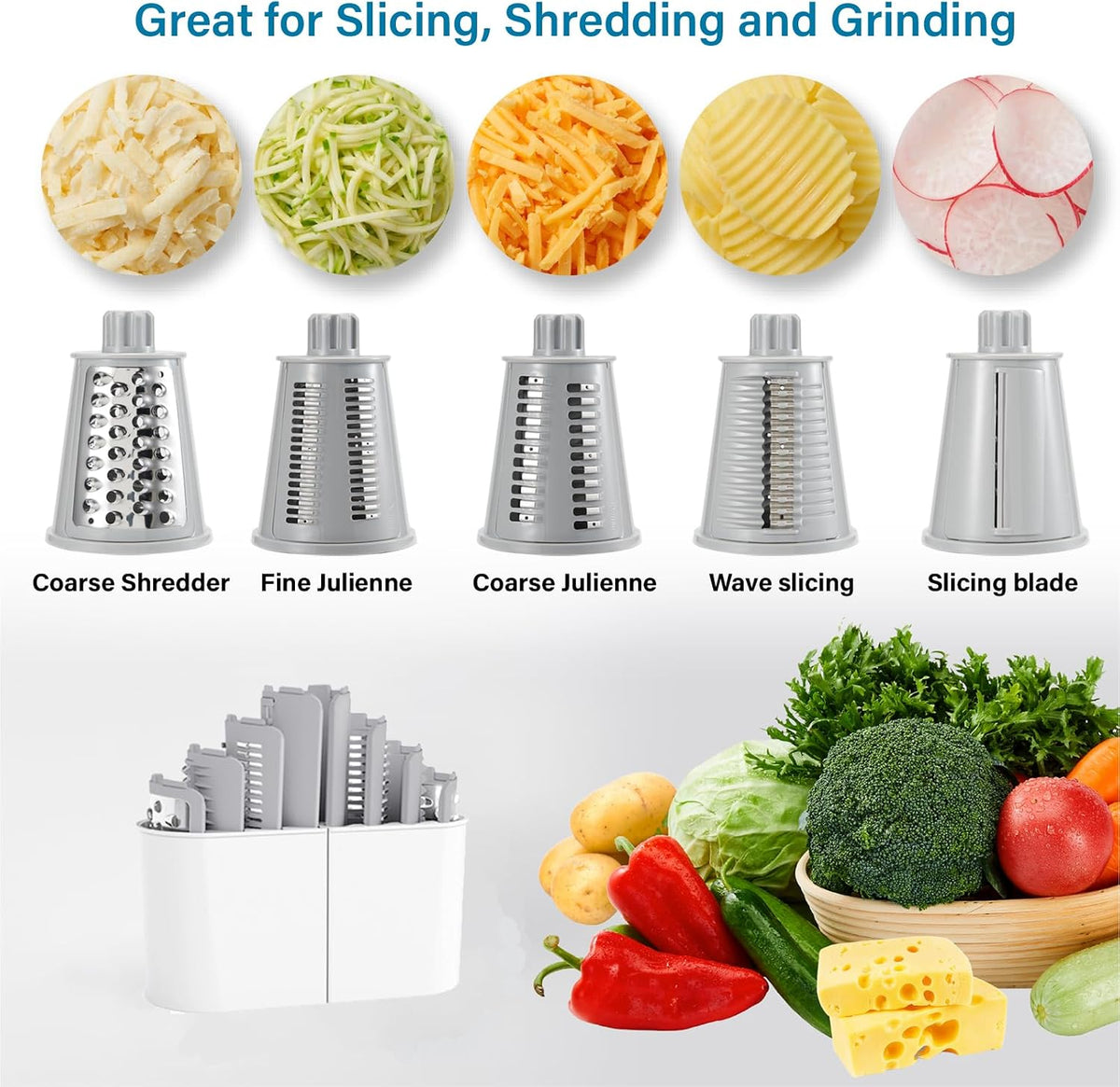 Rotary Cheese Grater hand crank 3 blades with Stronger Suction Base | Stainless Steel Blades for Fruits, Vegetables, Nuts. Dishwasher Safe & Easy to Clean, Transparent Black & Blue