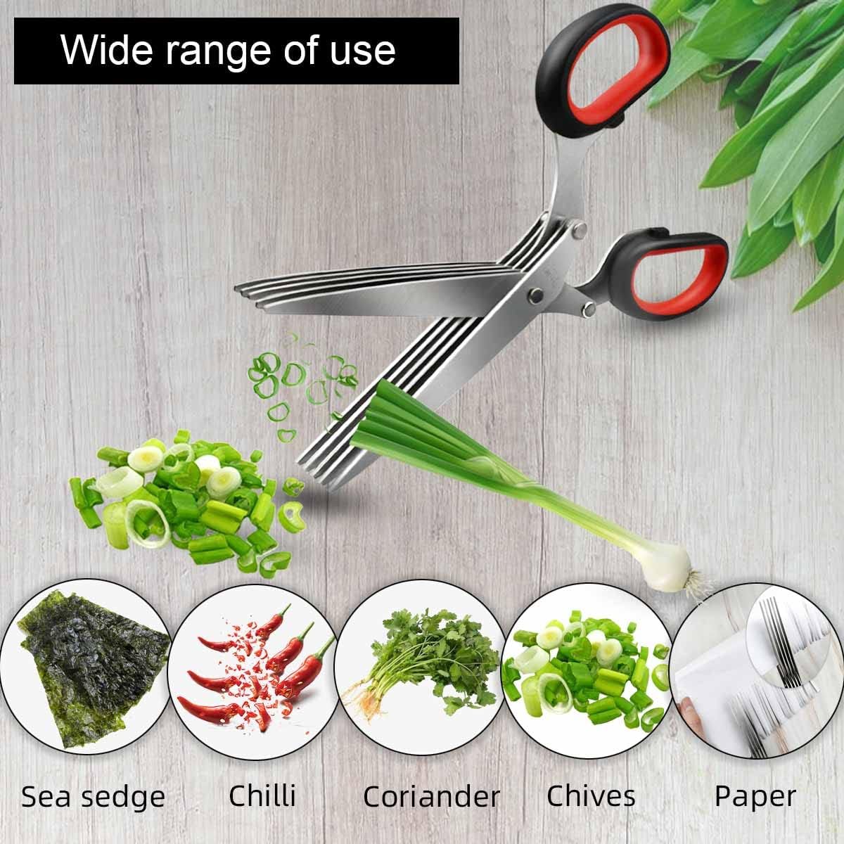 5-Blade Herb Cutter Scissors with Safety Cover, Cleaning Comb - Green