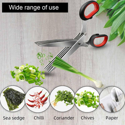 5-Blade Herb Cutter Scissors with Safety Cover, Cleaning Comb - Green