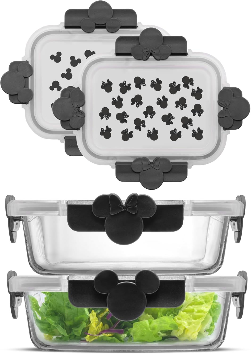JoyJolt Disney Mickey & Minnie Glass Food Storage Containers with Lids, 2x Airtight Borosilicate Glass Storage Containers with Lids for Kitchen, Reusable Lunch Meal Prep Container, Disney Gifts | Red
