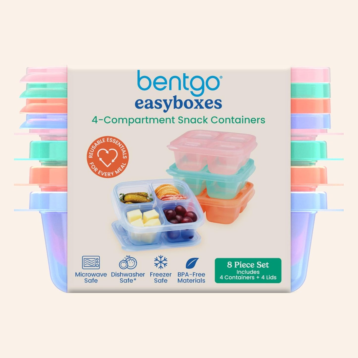 Bentgo Easyboxes 4-Compartment Snack Containers - 8-Piece Set with 4 Trays & 4 Custom-Fit Lids to Seal in Freshness - Reusable Food Storage & Meal Prep Bento BPA-Free Containers (Classic)