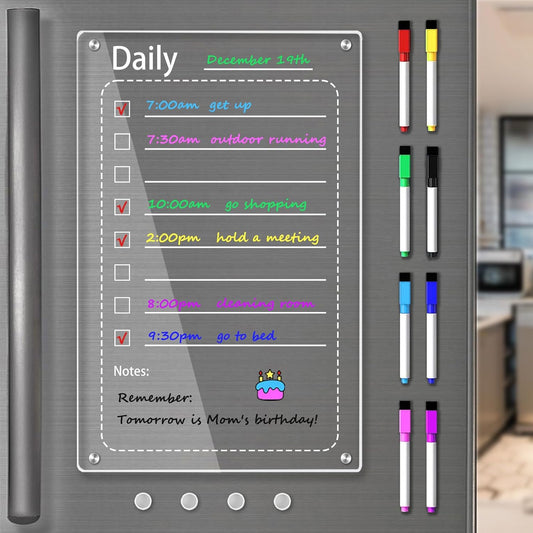 Acrylic Weekly Magnetic Calendar For Refrigerator,Dry Erase Calendar Planning Board,Magnetic Weekly Planner For Fridge,Meal Planner menu board,Clear Fridge Calendar Includes 8 Color Markers