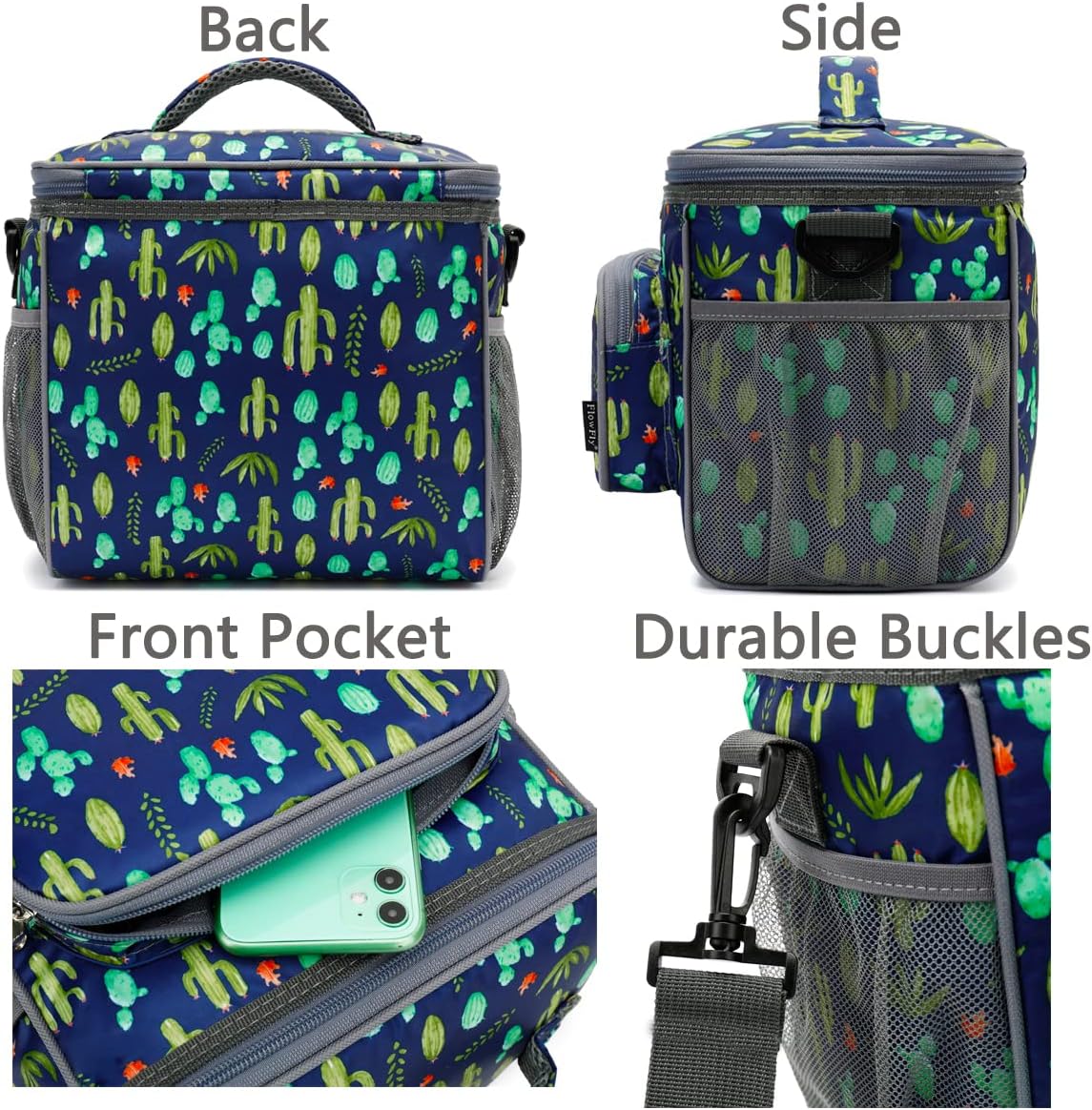 FlowFly Insulated Reusable Lunch Bag Adult Large Lunch Box for Women and Men with Adjustable Shoulder Strap,Front Zipper Pocket and Dual Large Mesh Side Pockets,Cherry - Colors B
