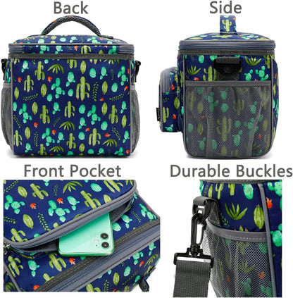 FlowFly Insulated Reusable Lunch Bag Adult Large Lunch Box for Women and Men with Adjustable Shoulder Strap,Front Zipper Pocket and Dual Large Mesh Side Pockets,Cherry - Colors B