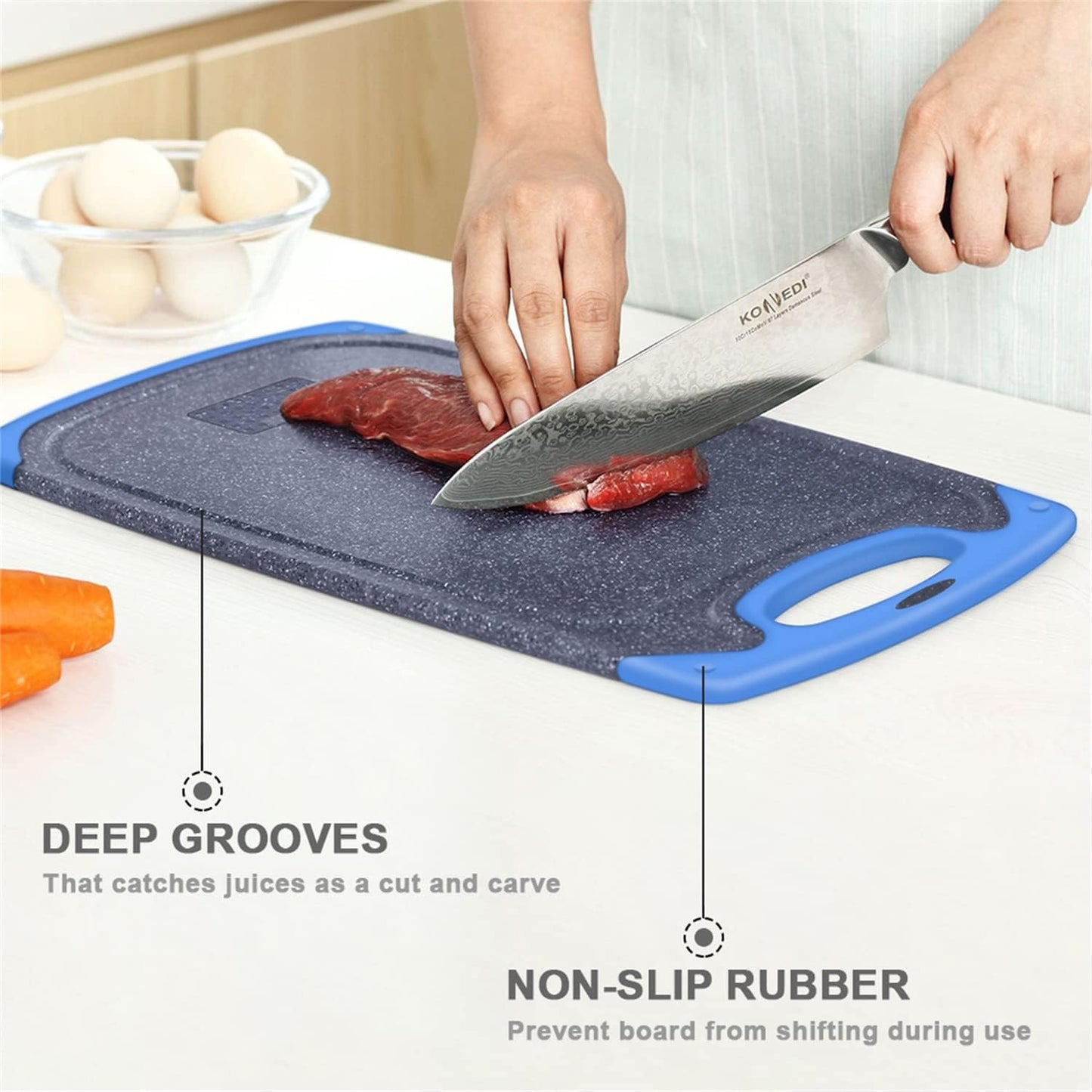 Viretang Plastic Cutting Boards Set of 3 Extra Large for Kitchen, Thick Chopping Board with Deep Juice Grooves, Non‑Slip Feet, Easy Grip Handle, BPA Free, Dishwasher Safe,Black