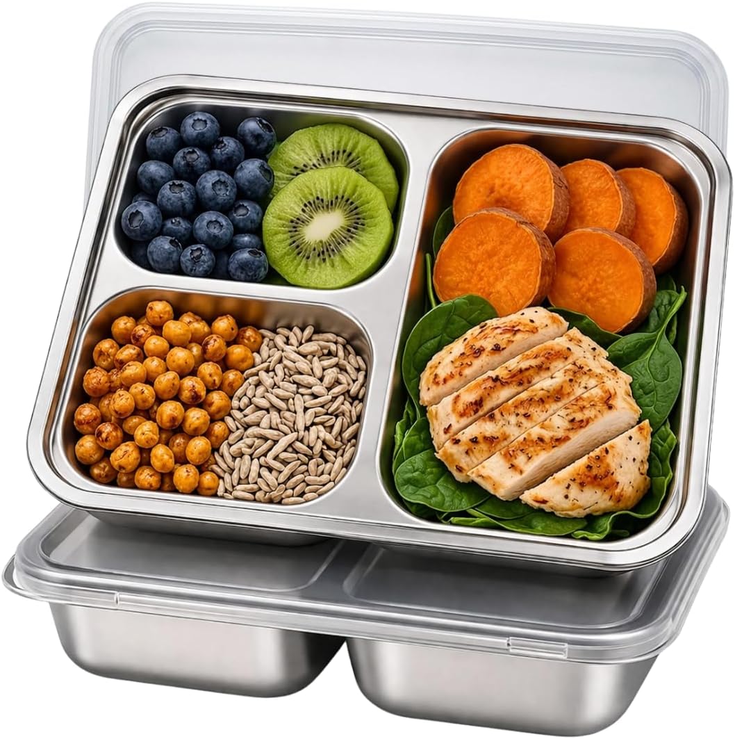 4 Pack Snack Containers for Kids, Stainless Steel Toddler Plates with Lids, 3 Compartment Food Container, Baby Plates, Stainless Steel Lunch Box for Kids, Bento Box Meal Prep Containers