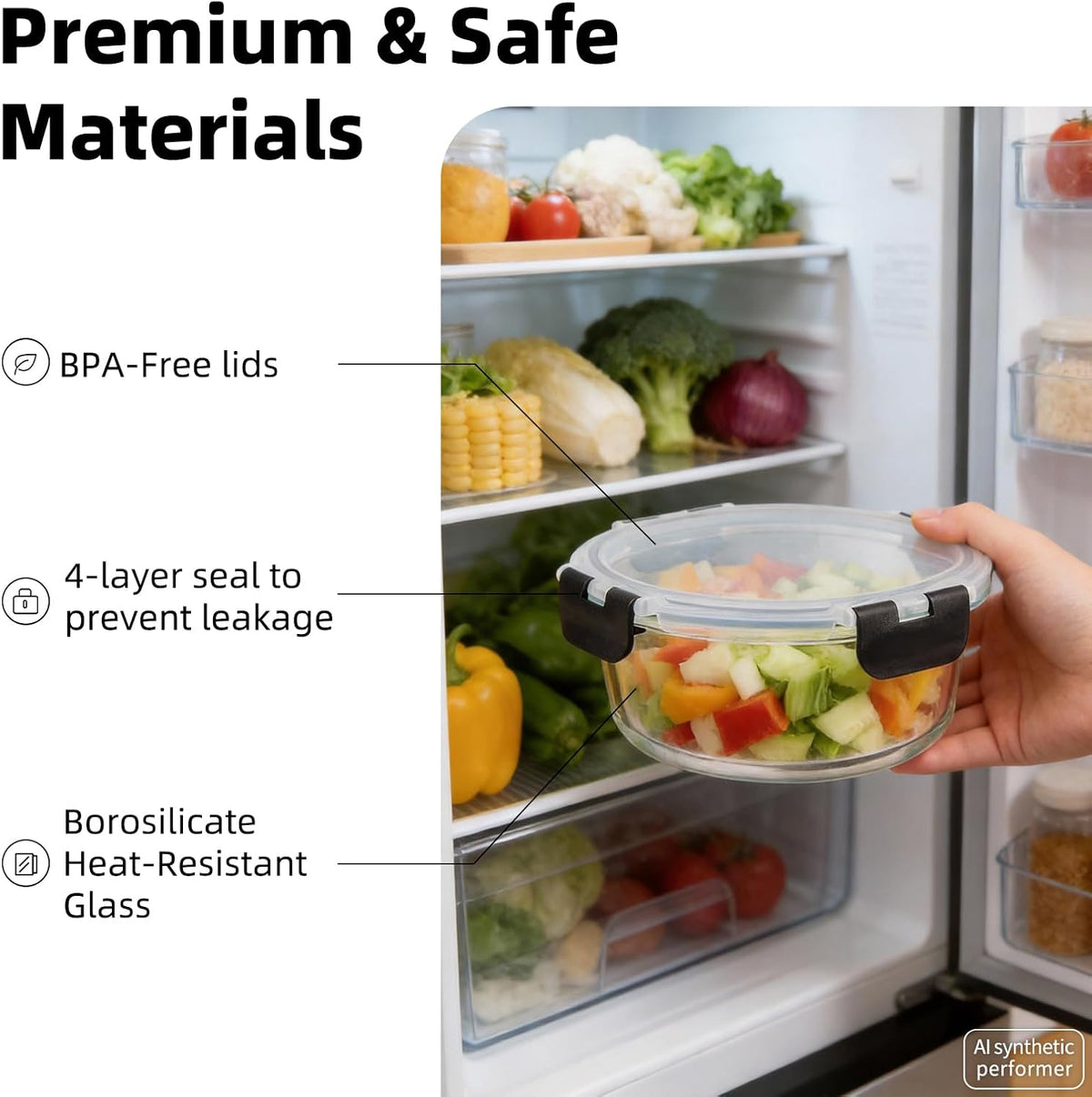 Konokyo Square Glass Food Storage Containers with Lids, 12 Pack Airtight Leakproof Meal Prep Containers, BPA-Free, Microwave Oven Freezer & Dishwasher Safe, Assorted Sizes