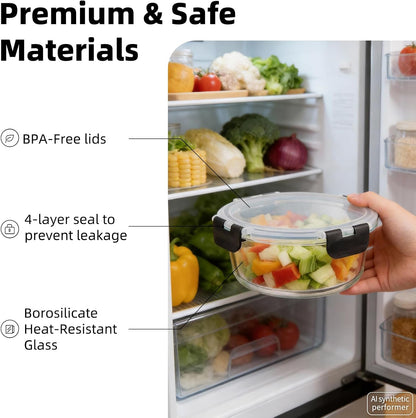 Konokyo Square Glass Food Storage Containers with Lids, 12 Pack Airtight Leakproof Meal Prep Containers, BPA-Free, Microwave Oven Freezer & Dishwasher Safe, Assorted Sizes