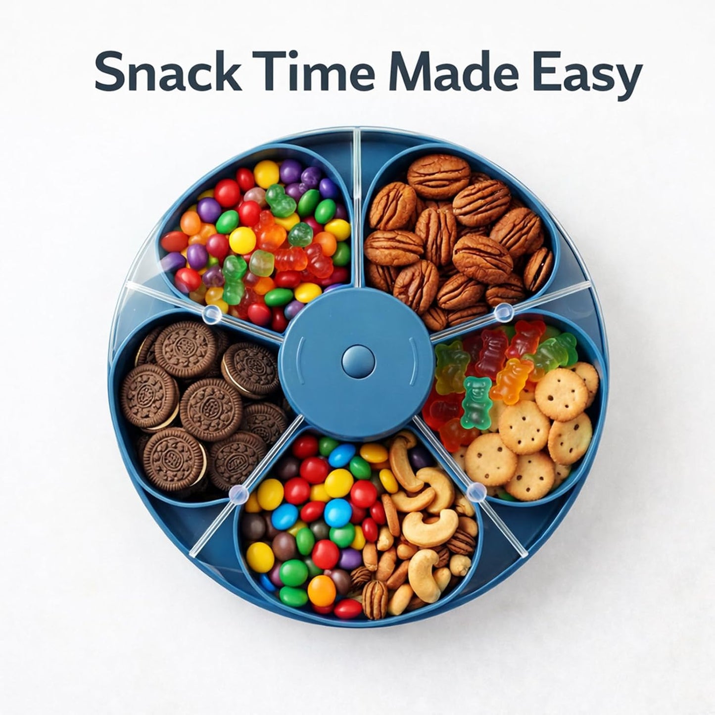 Snack Spinner with Lid, Rotating 5 Compartment Snack Tray for Fruit, Nuts, Candy and Appetizers, Divided Serving Container for Party, Family Night and Kitchen Counter (Blue)