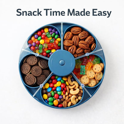 Snack Spinner with Lid, Rotating 5 Compartment Snack Tray for Fruit, Nuts, Candy and Appetizers, Divided Serving Container for Party, Family Night and Kitchen Counter (Blue)