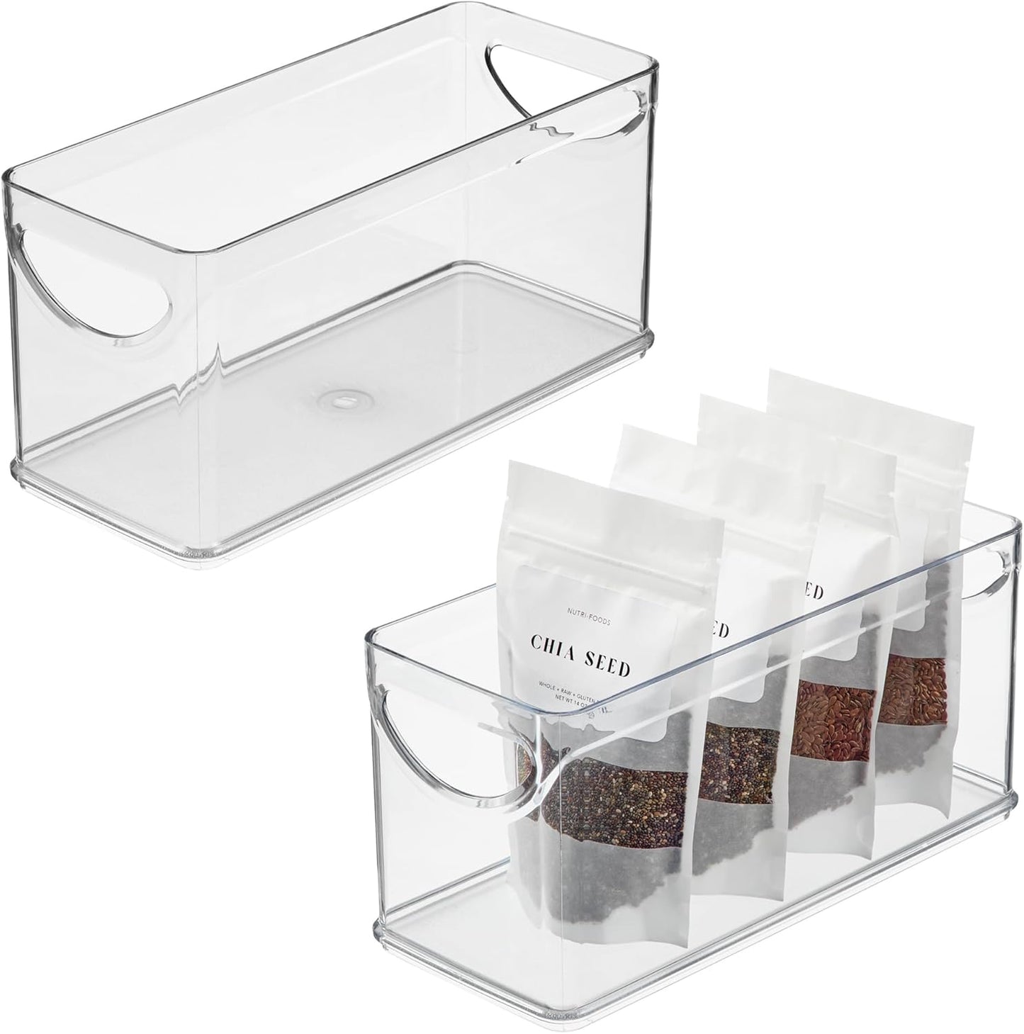 iDesign Narrow Pantry Bin with Handles for Kitchen Cabinets or Fridge, Set of 2, Clear, Made in USA