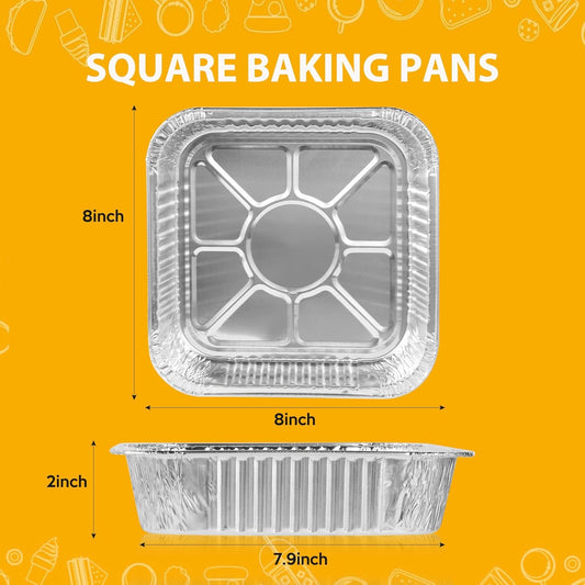 8"x8" Disposable Aluminum Foil Pans with lid - 20 Pack Square Baking Pans Disposable Food Containers with Lids Heavy Duty Tin Foil Pan for Baking Cake, Oven Cooking, Heating, Storing, Meal Prepping