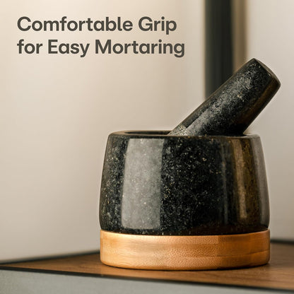 Praknu Mortar and Pestle Set Small - Heavy-Duty 1 Cup Stone Grinder for Spices & Herbs - Durable Granite Molcajete - Guacamole Bowl with Non-Slip Wooden Base - Effortless Grinding & Easy to Clean